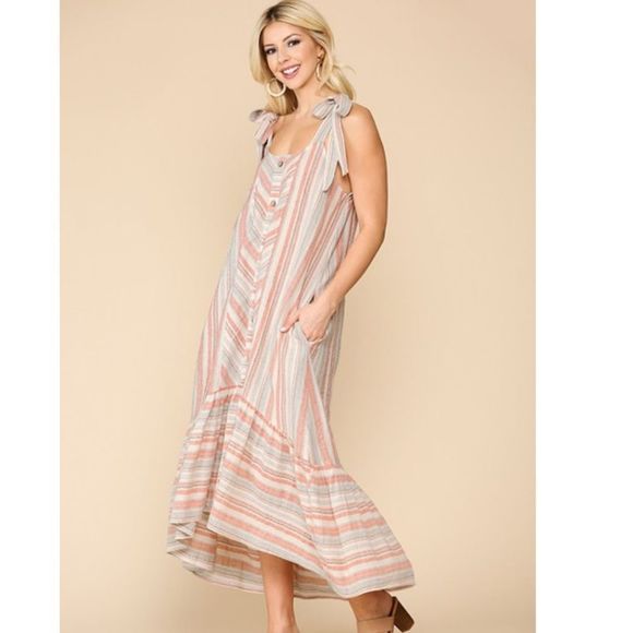 Textured Stripe Ruffle Hem Midi Dress Shoulder Tie Gigio - Picture 1 of 5